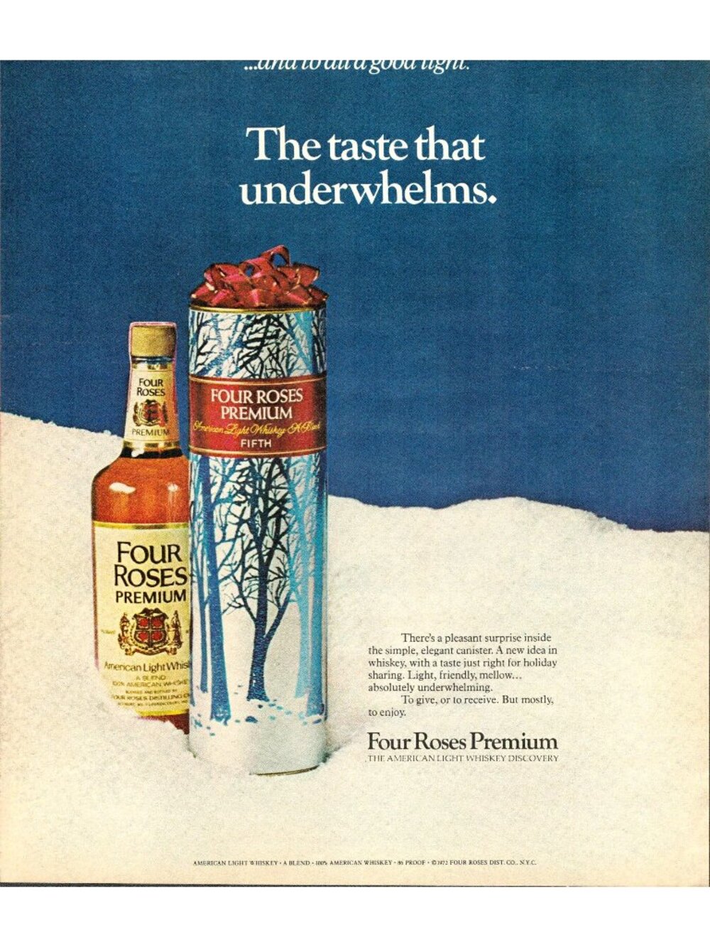 1972 Four Roses Premium American Light Whiskey Vintage Print Ad (L1)